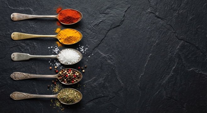 Colorful assortment of spices and herbs in silver spoons on dark stone background showcasing culinary diversity and flavor