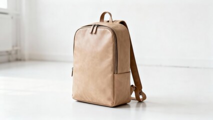 Smooth beige leather daypack featuring double zippers and adjustable straps placed on a clean white floor.