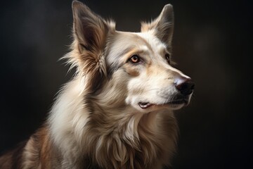Fototapeta premium Loyal border collie dog in profile portrait with fluffy fur and amber eyes on black background