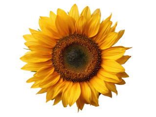 Fototapeta premium Vibrant Yellow Sunflower Head with Dark Brown Center on Black Background helianthus annuus petals, Isolated, Png Transparent Background