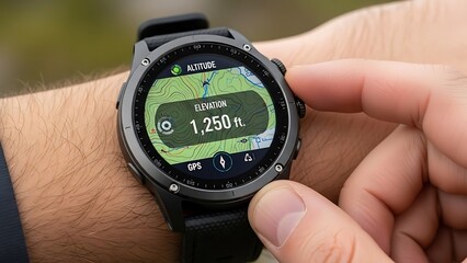 Hiker checks elevation and map navigation on a rugged outdoor GPS smartwatch display