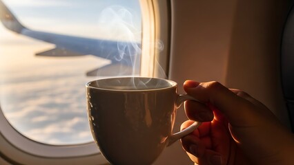 Enjoying a hot steaming coffee beverage while looking out the airplane window at sunrise