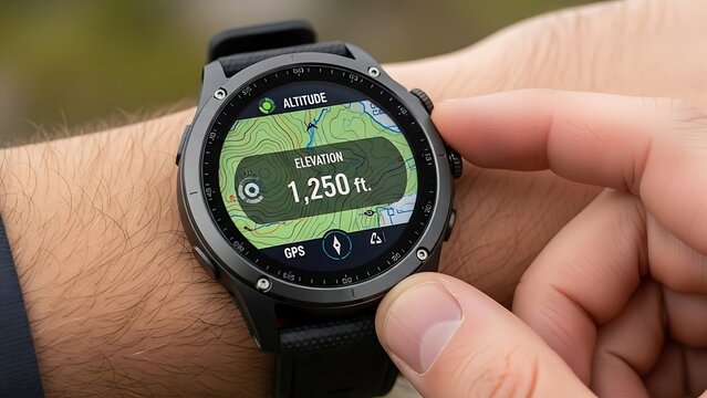 Hiker checks elevation and map navigation on a rugged outdoor GPS smartwatch display - Powered by Adobe