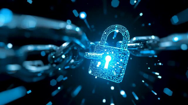 Broken metal chain with glowing digital padlock suspended against dark technological background