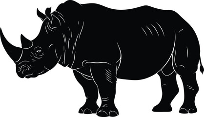 Standing rhinoceros silhouette vector illustration, massive safari wildlife animal graphic, endangered wild nature mammal, black rhino large horn design element, side view profile. © MdMeherul