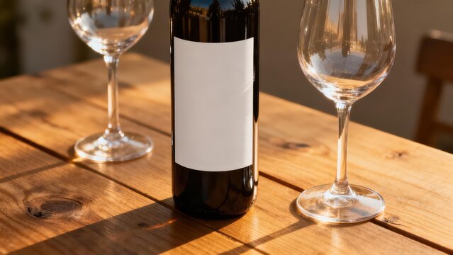 Dark wine bottle with a large blank white label stands between two empty stemmed clear wine glasses on a brown wood plank table.