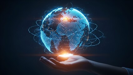 A human hand cradling a luminous, interconnected digital globe, symbolizing global network, data exchange, and future technology