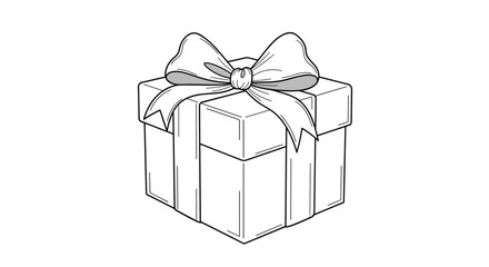 Obraz premium A simple black and white line art drawing of a gift box wrapped with a large, puffy bow, perfect for coloring books or minimalist designs.