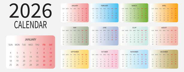 calendar 2026. This is a full year 2026 calendar showing all twelve months in a clean, grid format.  2026 monthly calendar template for company. 