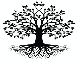 Fototapeta premium Black silhouette of a stylized tree with intricate roots and leaves white