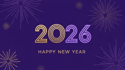 Happy New Year 2026 celebration banner with abstract striped numbers and modern geometric fireworks on a deep purple background.