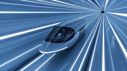 Futuristic high-speed magnetic levitation train concept moving rapidly through a blue light tunnel