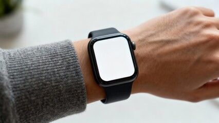 Black digital wearable technology device with a blank white screen display mockup worn on a person's wrist over a gray ribbed sweater sleeve.