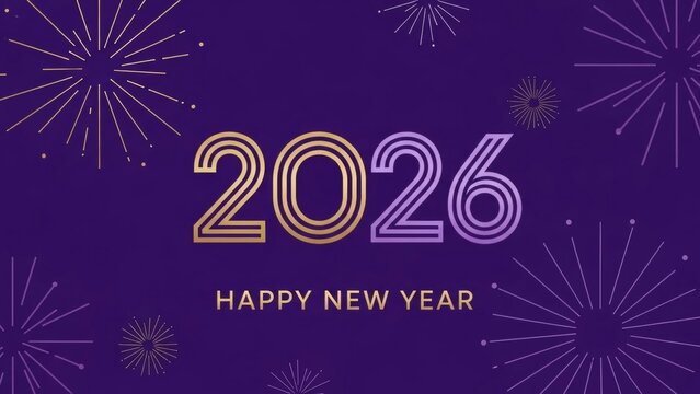 Happy New Year 2026 greeting card or banner with modern gradient numbers and abstract geometric fireworks on a dark purple background. - Powered by Adobe