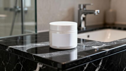 Fototapeta premium White cosmetic cream jar with blank label resting on a luxurious polished black marble vanity counter in a modern bathroom.