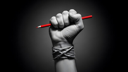 Conceptual Black and White Image of a Bound Fist Grasping a Red Pencil as a Symbol of Freedom of Speech