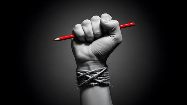 Conceptual Black and White Image of a Bound Fist Grasping a Red Pencil as a Symbol of Freedom of Speech