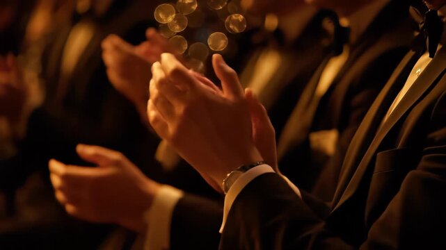 Close-up of executive hands clapping enthusiastically in formal wear during a prestigious evening event, concept for corporate success, formal recognition and business motivation
