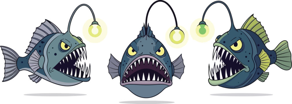 Three anglerfish with glowing lures sharp teeth and open mouths on transparent background