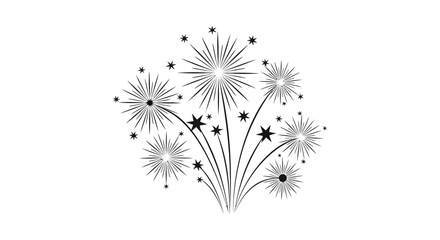 A beautiful black and white illustration depicting a burst of sparkling fireworks and scattered stars