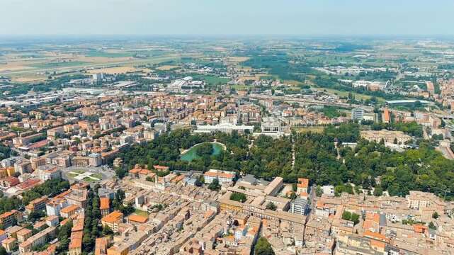 Parma, Italy. The historical center of Parma. City park - Parco Ducale. Panorama of the city from the air. Summer day. Drone footage, Point of interest