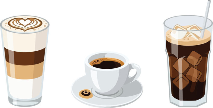 Three coffee drinks latte black coffee and iced coffee on transparent background
