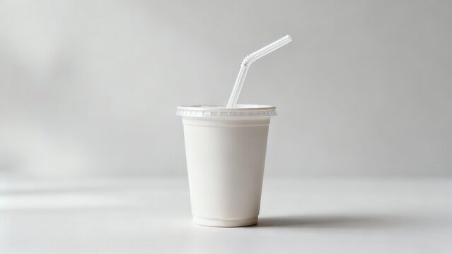 Plain disposable white cardboard beverage cup capped with a clear plastic lid and bent straw isolated against a neutral light gray  background.
