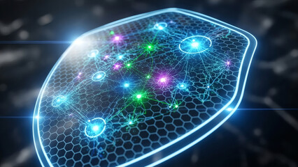 Futuristic Shield with Glowing Network Nodes.
