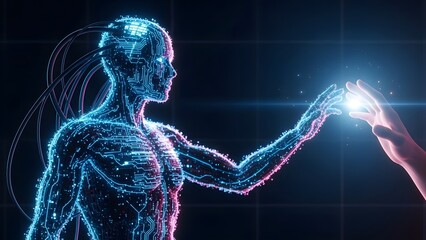 Humanoid robot interacting with human hand in digital environment