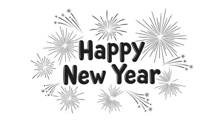 Black and white illustration displaying the text happy new year surrounded by sparkling fireworks