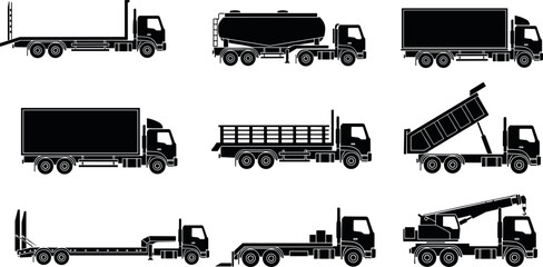 Black Silhouette Vector Set of Industrial Trucks for Construction, Transport, Logistics, Heavy Equipment, Cargo, Machinery, and Utility Services © MD Anas