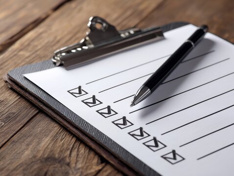 チェック項目が並ぶ用紙とペンをクリップボードに置いて確認作業や記入を行う準備シーン