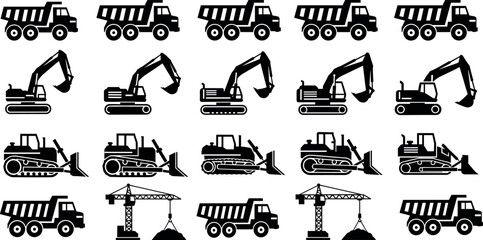 construction, vehicle, icon, dumptruck, excavator, bulldozer, crane, machinery, industrial, transport, equipment, engineering, infrastructure, loader, digger © MD Anas