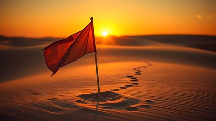 sedition. Broken flagpole in sandy ground with retreating footprints, sunset symbolic of surrender. inspiring travel planning.