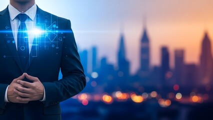 Businessman standing in front of a city skyline at sunset
