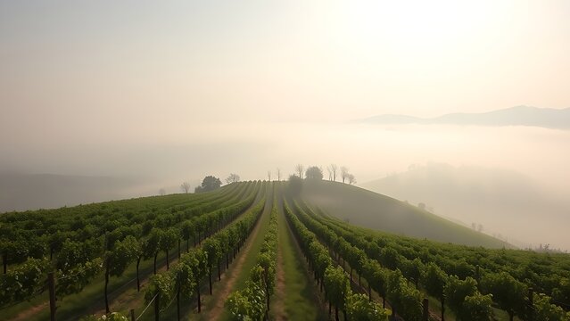 passphrase. Nebbiolo grape vineyard on Piedmont hillside with morning fog and rolling hills. travel magazines, destination branding, designed for outdoor magazines and nature guides.