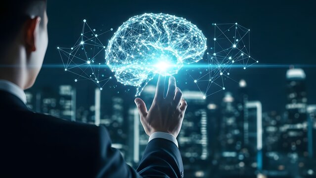 Man interacting with futuristic brain interface in cityscape - Powered by Adobe