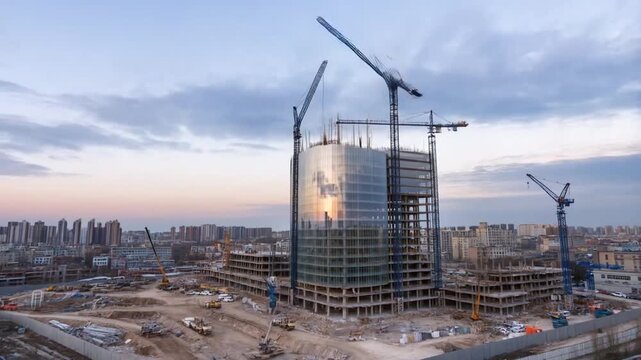 A massive construction timelapse of a glass skyscraper being built from ground to completion with cranes and steel beams against a city skyline, concept of corporate ambition and architectural achieve