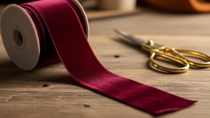 Red velvet ribbon and golden scissors on a rustic wooden table, ready for crafting and gift wrapping.