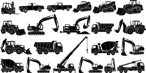 Silhouettes of Construction and Industrial Vehicles Including Cranes, Excavators, Bulldozers, Dump Trucks, Forklifts, Tractors, Cement Mixers, and More © MD Anas