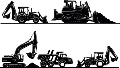 Silhouette set of construction vehicles including excavator, bulldozer, dump truck, backhoe loader, and front loader for industrial use © MD Anas