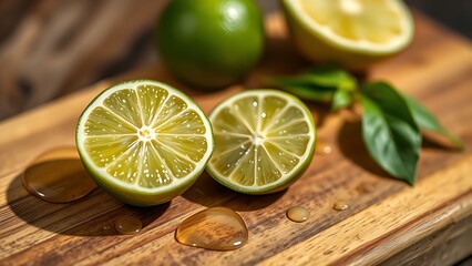 sudachi. A sudachi lime sliced in half on a rustic wooden cutting board, droplets of fresh juice. menu design, packaging mockups, designed for food delivery and cloud-kitchen brand materials.