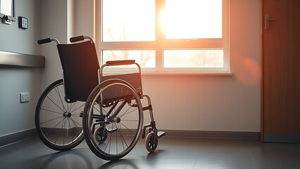 disabled. Wheelchair bathed in sunlight by a healthcare facility window, symbolizing comfort and care. lifestyle magazines.