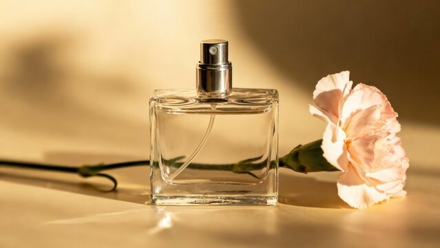 Square glass perfume spray bottle reflecting golden light next to a delicate pink carnation flower bloom. - Powered by Adobe