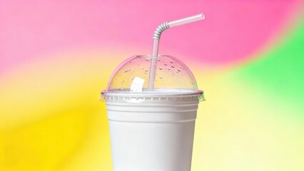 Opaque white disposable plastic cup featuring a clear dome lid and bent straw set against a vibrant colorful gradient background.