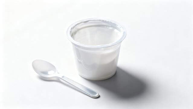 Single serving plastic cup filled with white yogurt placed next to a small disposable plastic spoon on a clean white surface casting a gray shadow.