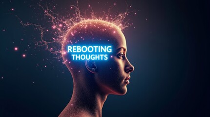 A futuristic profile of a woman with a glowing brain, symbolizing the process of 'rebooting thoughts'.