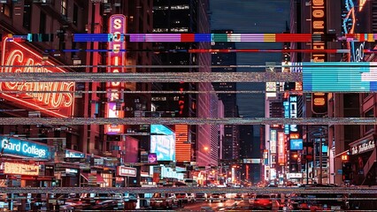 Glitch art depiction of a bustling neon city street with heavy digital distortion effects