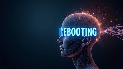Obraz premium A conceptual image of a human head, with the word 'REBOOTING' prominently displayed, symbolizing renewal and transformation.