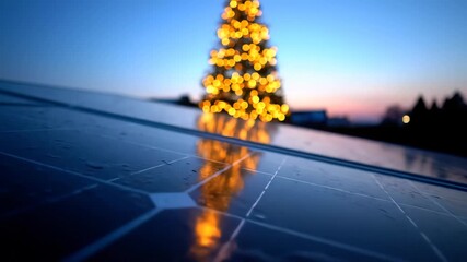 Wet solar panel reflecting bright Christmas tree lights against a twilight sky, concept for sustainable energy campaigns, holiday technology promotion and eco-friendly winter concepts